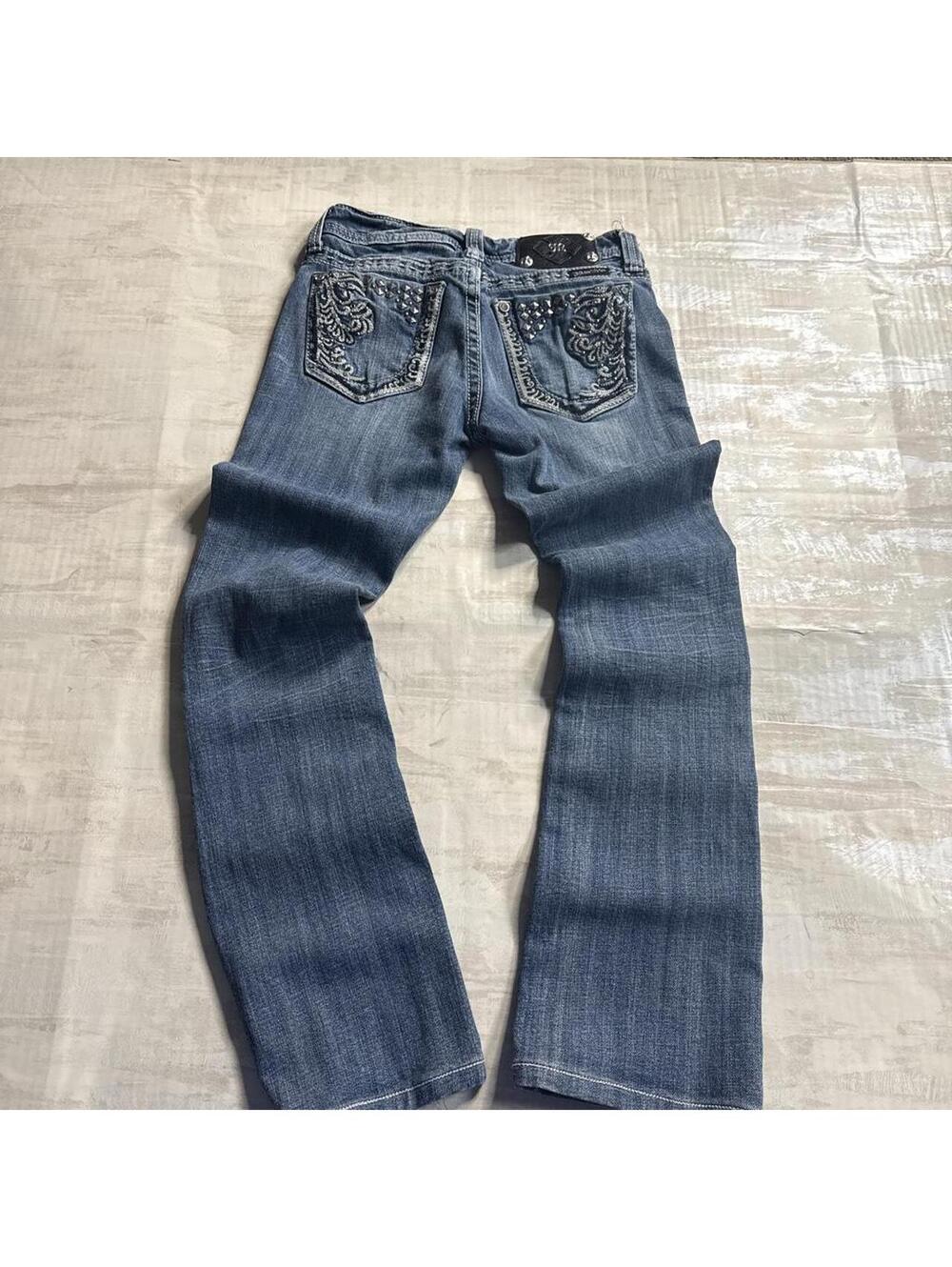 vintage y2k low rise  2000s missme bootcut denim jeans with metal finish around